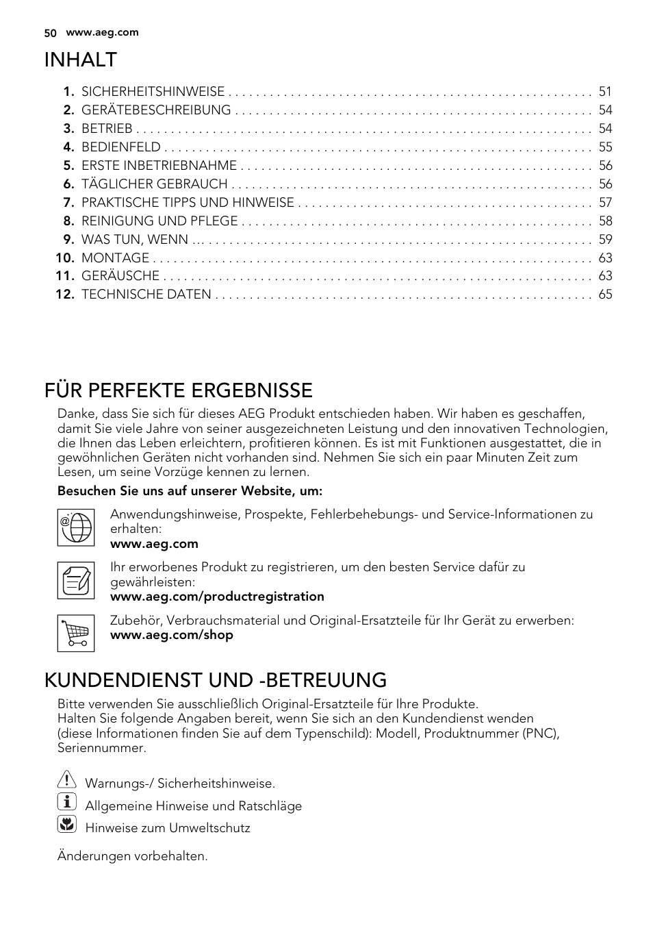 Inhalt, Für perfekte ergebnisse, Kundendienst und -betreuung | AEG A92300HLW0 User Manual | Page 50 / 68