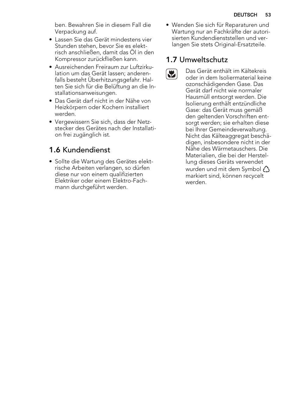 6 kundendienst, 7 umweltschutz | AEG A92300HLW0 User Manual | Page 53 / 68