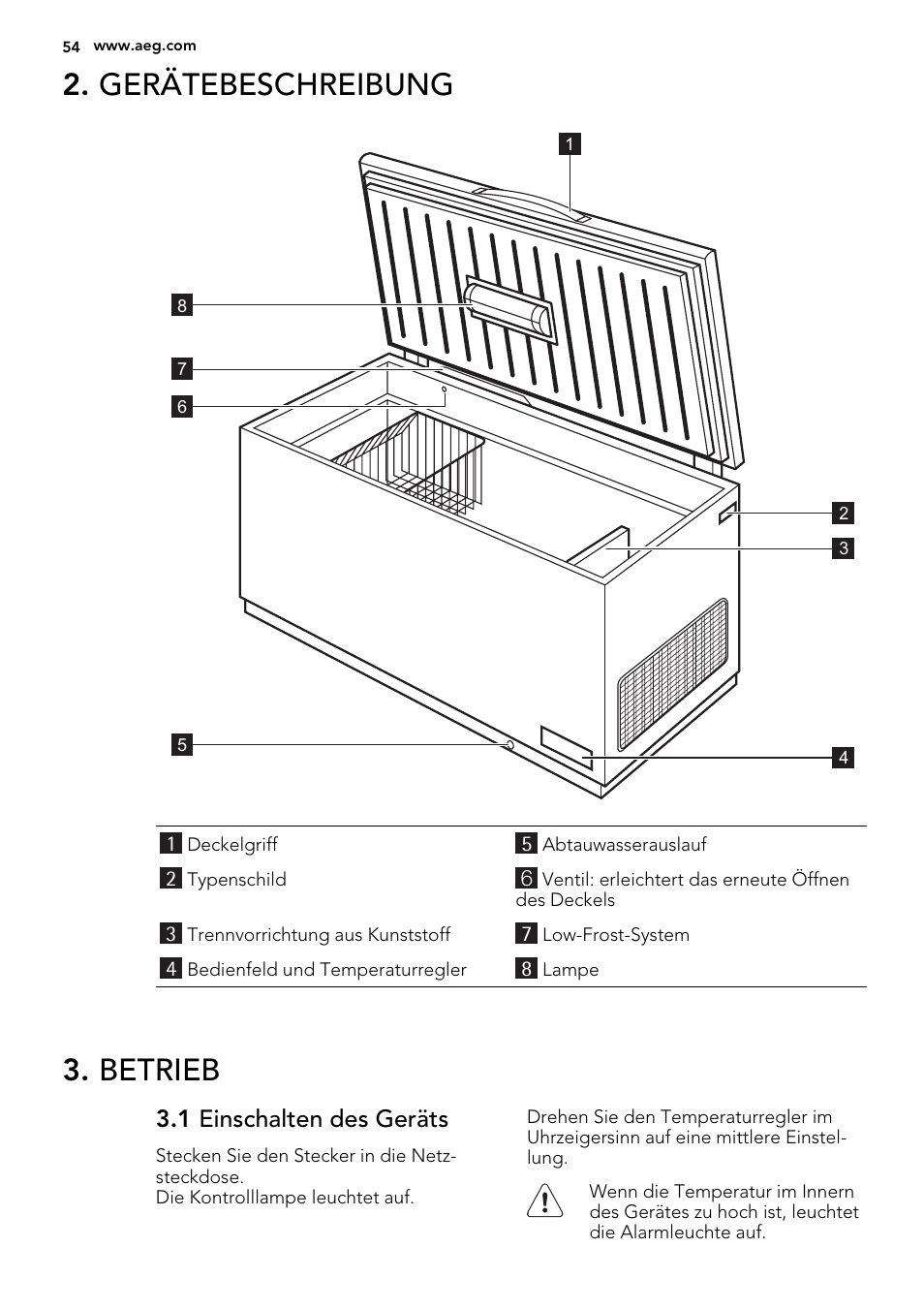 Gerätebeschreibung, Betrieb, 1 einschalten des geräts | AEG A92300HLW0 User Manual | Page 54 / 68