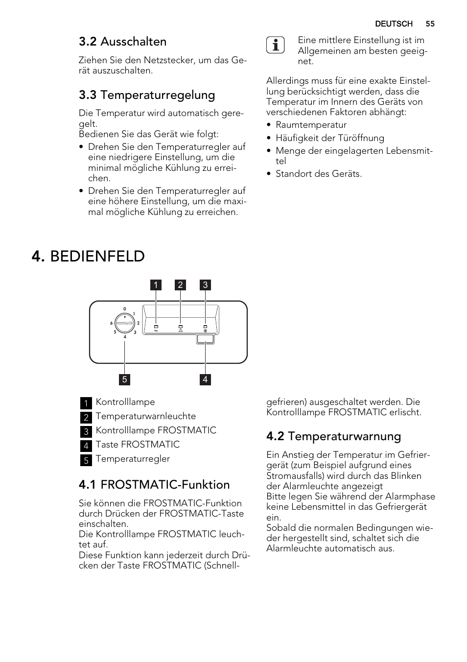 Bedienfeld, 2 ausschalten, 3 temperaturregelung | 1 frostmatic-funktion, 2 temperaturwarnung | AEG A92300HLW0 User Manual | Page 55 / 68