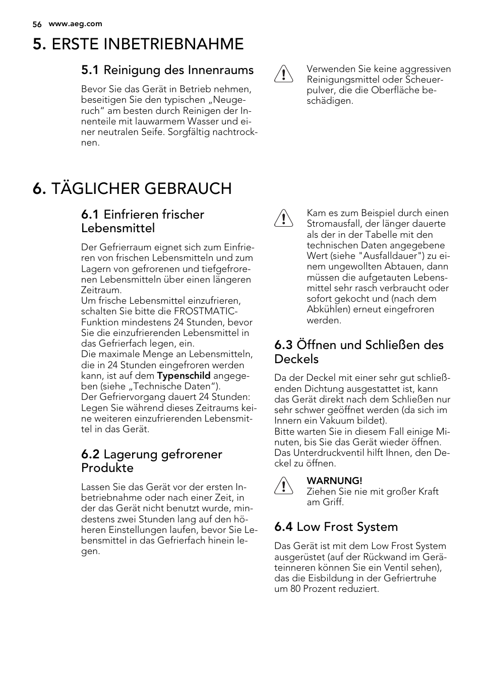 Erste inbetriebnahme, Täglicher gebrauch | AEG A92300HLW0 User Manual | Page 56 / 68