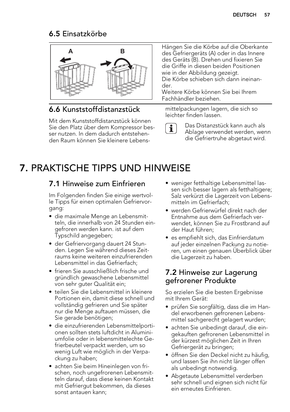 Praktische tipps und hinweise, 5 einsatzkörbe, 6 kunststoffdistanzstück | 1 hinweise zum einfrieren, 2 hinweise zur lagerung gefrorener produkte | AEG A92300HLW0 User Manual | Page 57 / 68