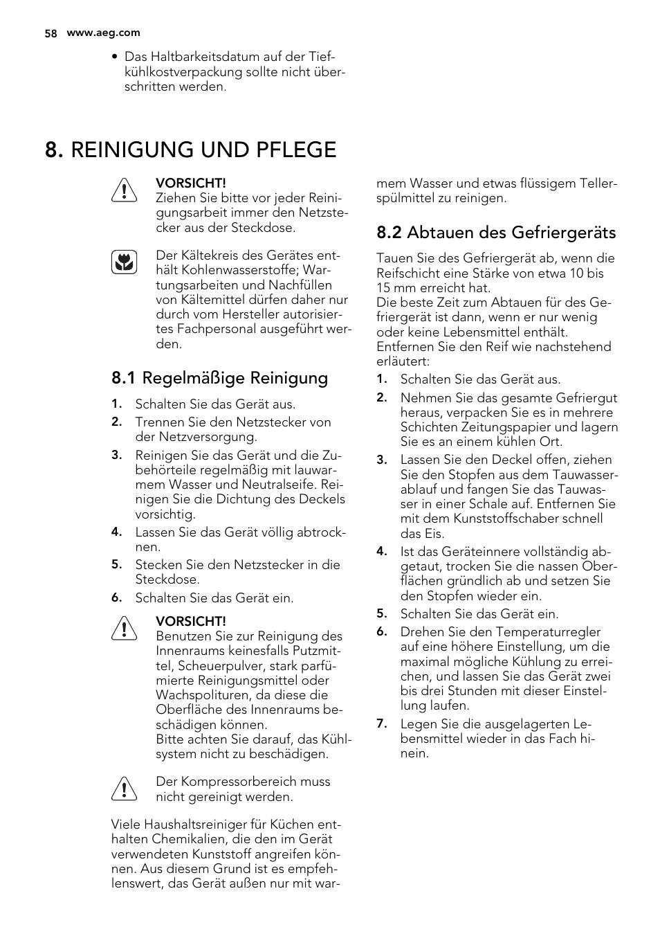 Reinigung und pflege, 1 regelmäßige reinigung, 2 abtauen des gefriergeräts | AEG A92300HLW0 User Manual | Page 58 / 68