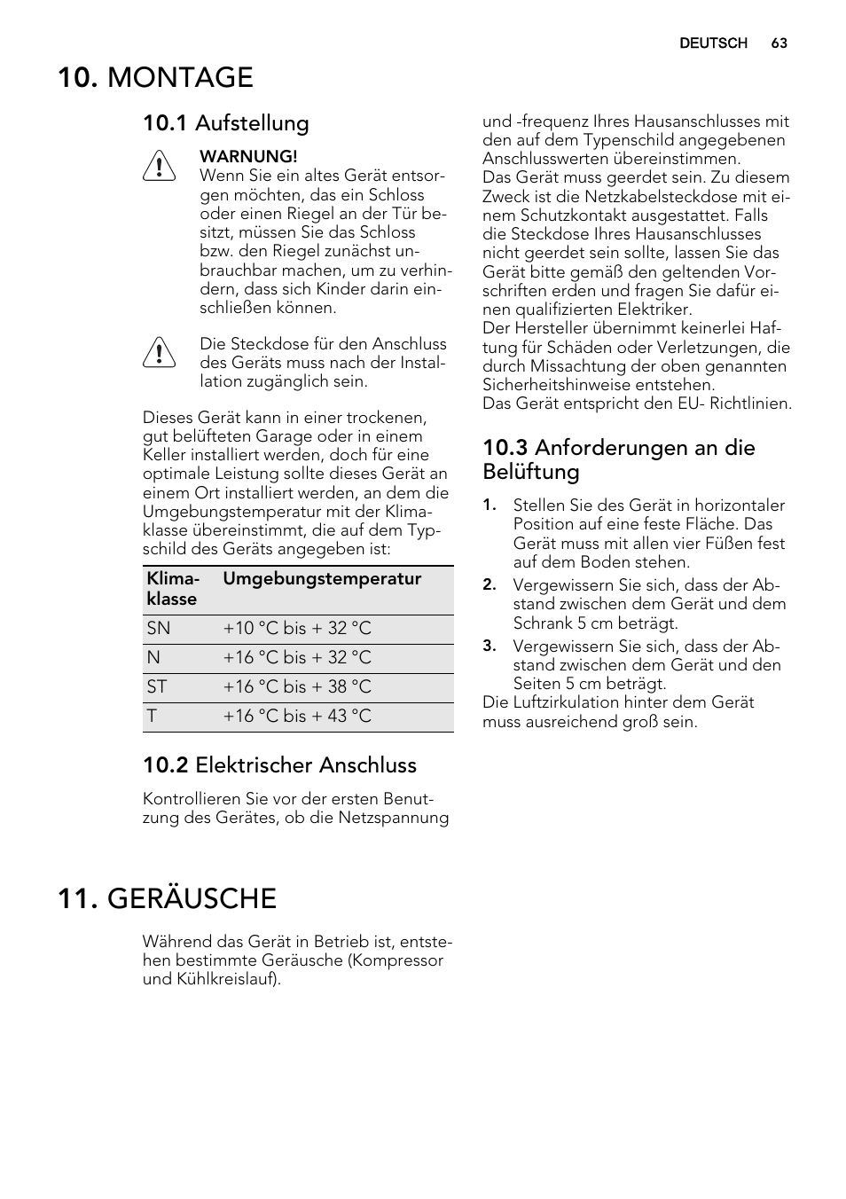 Montage, Geräusche, 1 aufstellung | 2 elektrischer anschluss, 3 anforderungen an die belüftung | AEG A92300HLW0 User Manual | Page 63 / 68