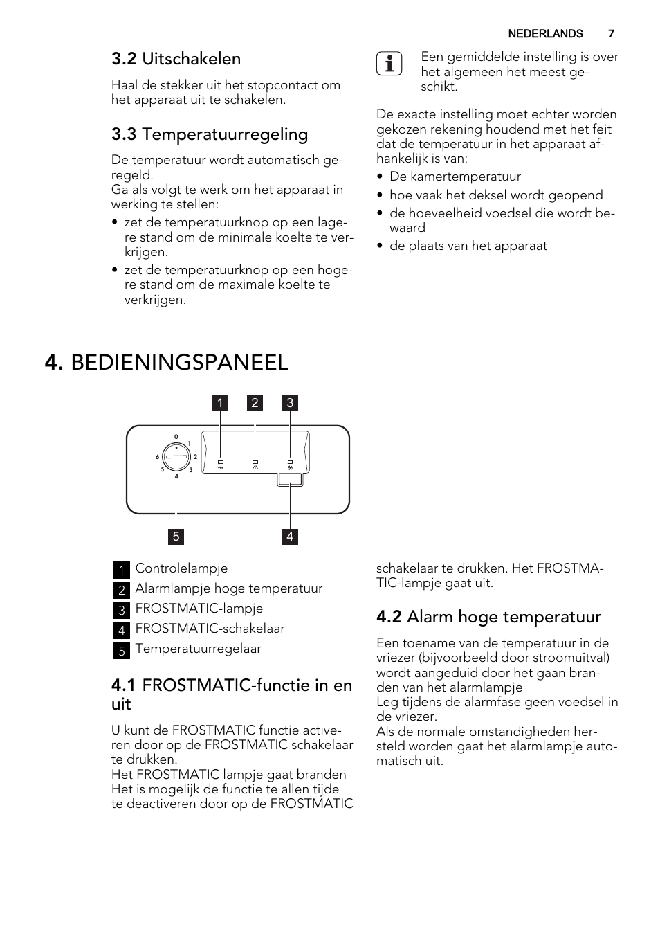 Bedieningspaneel, 2 uitschakelen, 3 temperatuurregeling | 1 frostmatic-functie in en uit, 2 alarm hoge temperatuur | AEG A92300HLW0 User Manual | Page 7 / 68