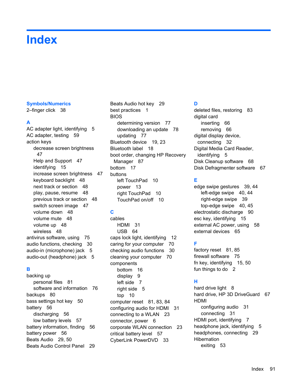 Index | HP Spectre XT TouchSmart Ultrabook 15-4095ca User Manual | Page 101 / 103