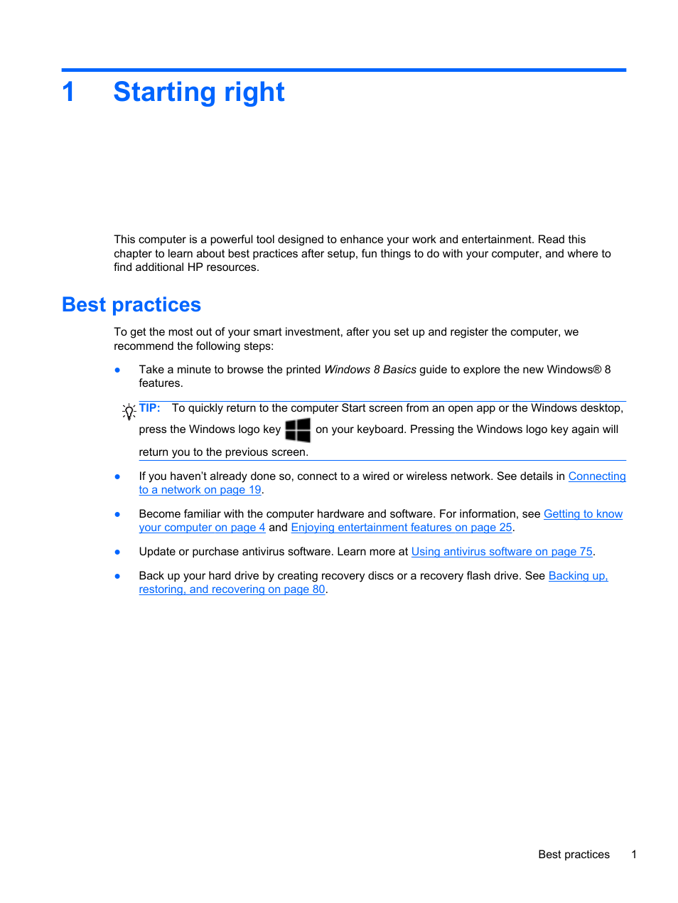 Starting right, Best practices, 1 starting right | 1starting right | HP Spectre XT TouchSmart Ultrabook 15-4095ca User Manual | Page 11 / 103