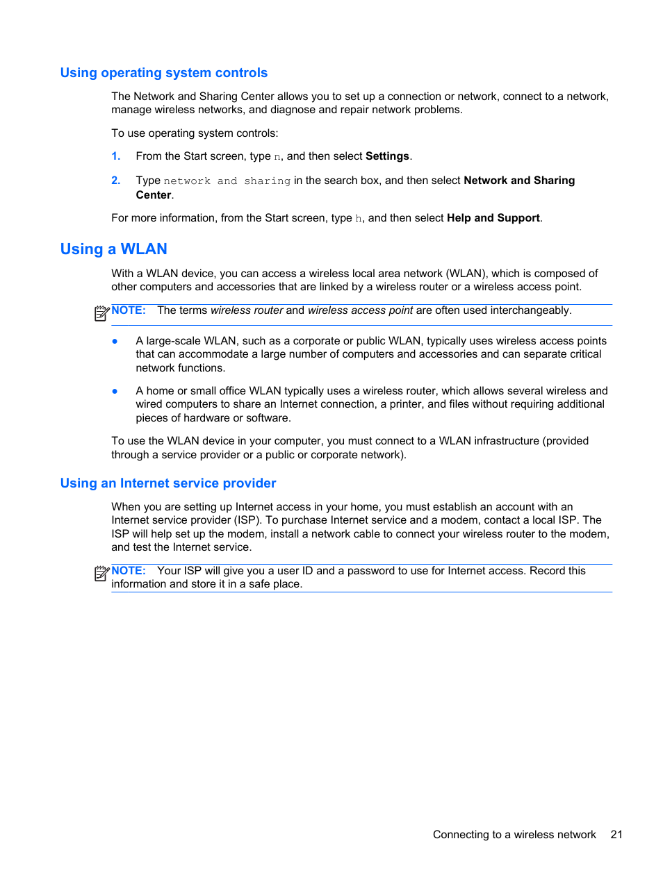 Using operating system controls, Using a wlan, Using an internet service provider | HP Spectre XT TouchSmart Ultrabook 15-4095ca User Manual | Page 31 / 103