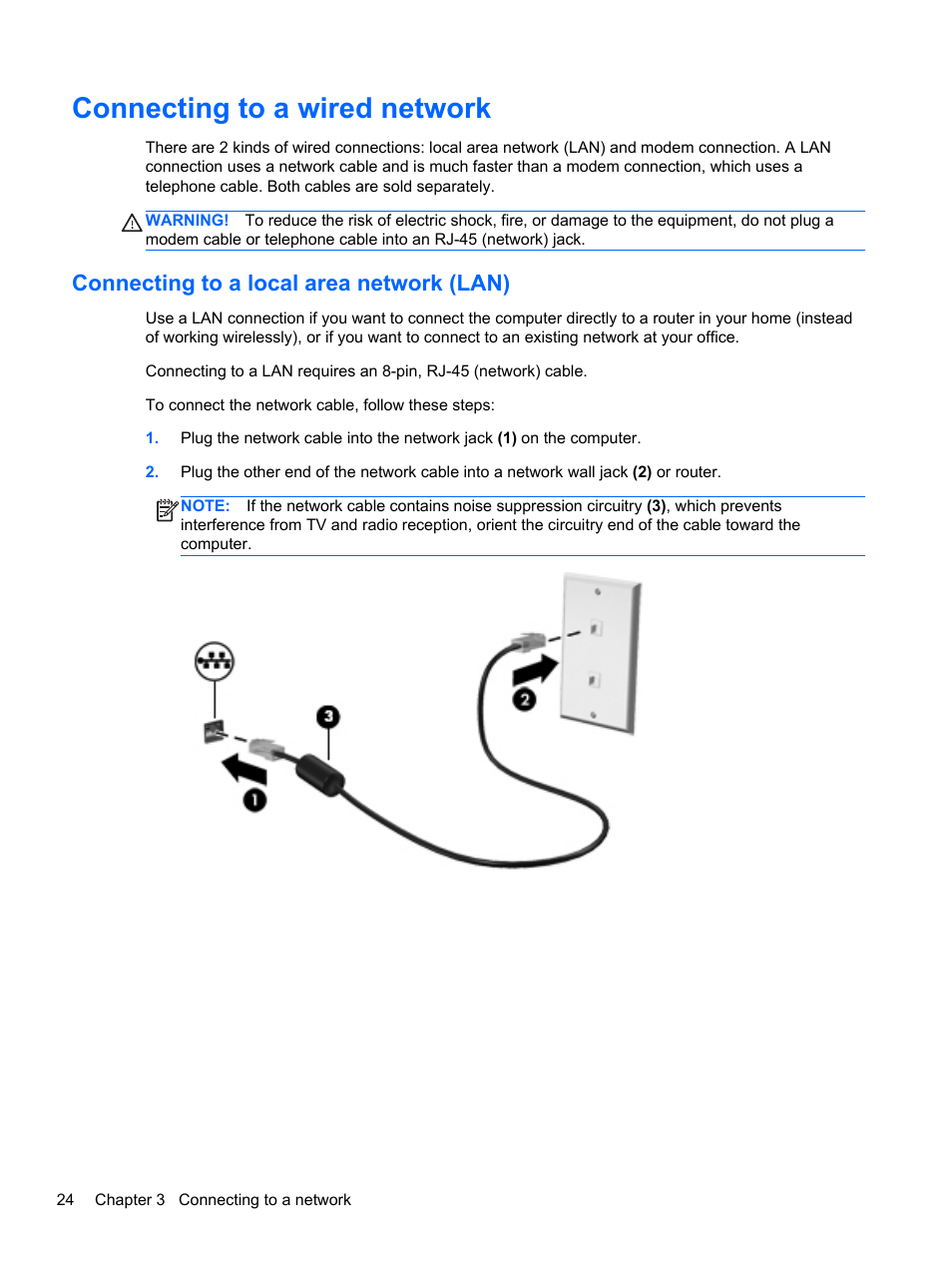 Connecting to a wired network, Connecting to a local area network (lan) | HP Spectre XT TouchSmart Ultrabook 15-4095ca User Manual | Page 34 / 103