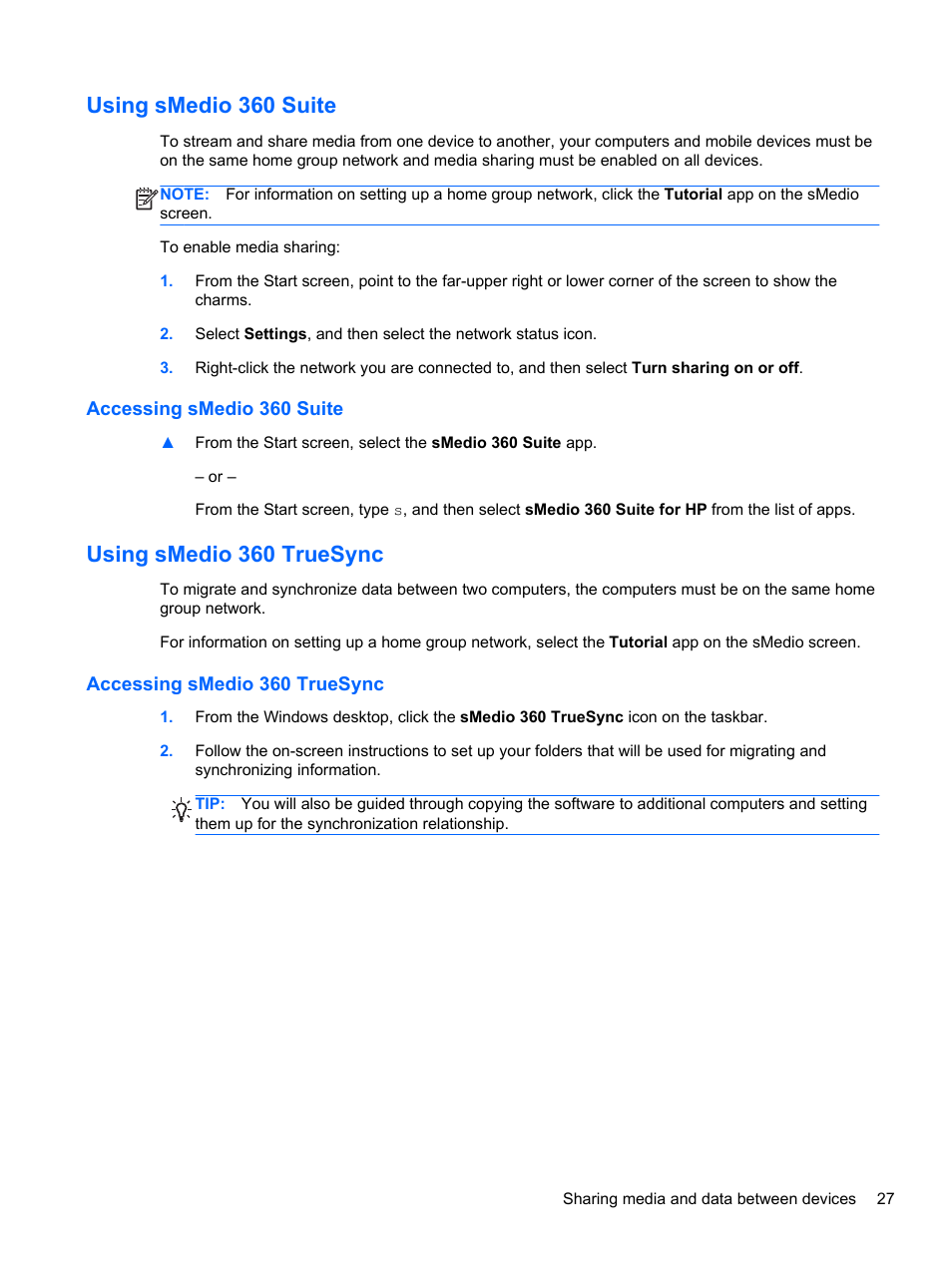 Using smedio 360 suite, Accessing smedio 360 suite, Using smedio 360 truesync | Accessing smedio 360 truesync | HP Spectre XT TouchSmart Ultrabook 15-4095ca User Manual | Page 37 / 103