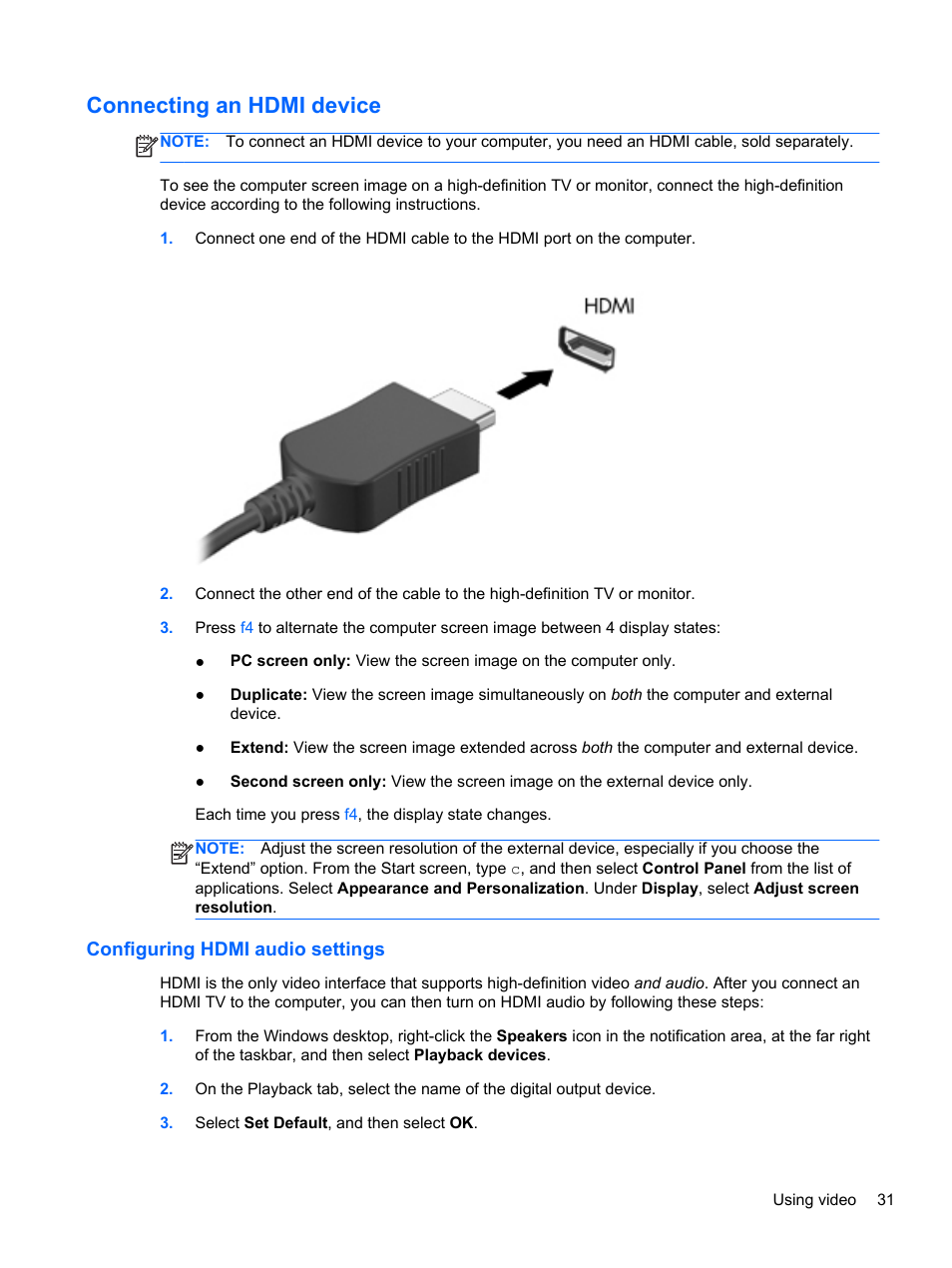 Connecting an hdmi device, Configuring hdmi audio settings, Connecting an | HP Spectre XT TouchSmart Ultrabook 15-4095ca User Manual | Page 41 / 103