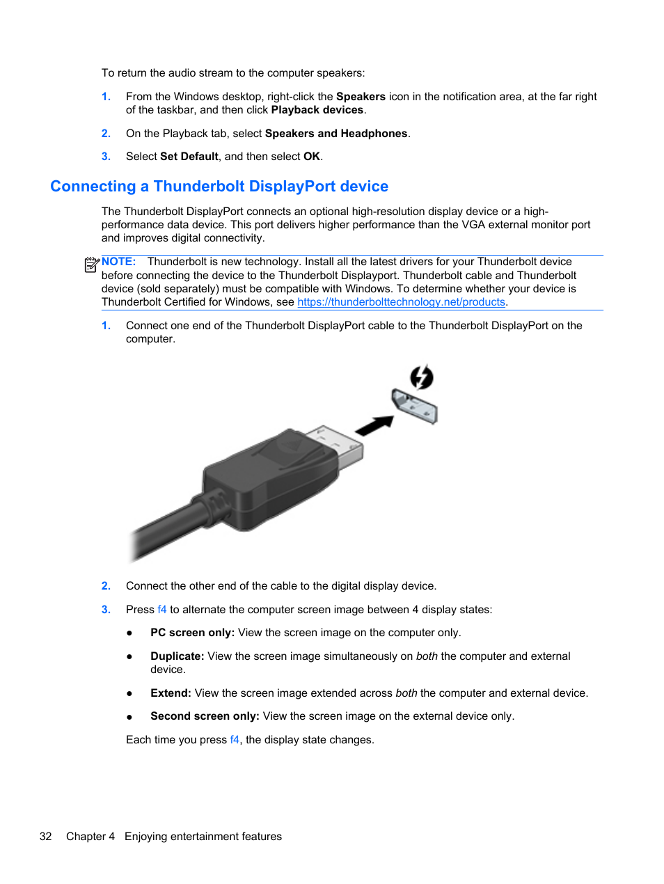 Connecting a thunderbolt displayport device | HP Spectre XT TouchSmart Ultrabook 15-4095ca User Manual | Page 42 / 103