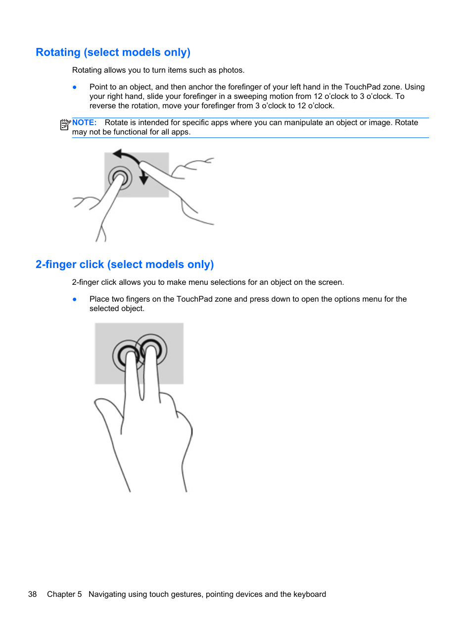 Rotating (select models only), Finger click (select models only) | HP Spectre XT TouchSmart Ultrabook 15-4095ca User Manual | Page 48 / 103