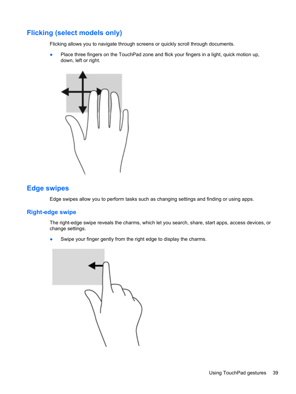 Flicking (select models only), Edge swipes, Right-edge swipe | Flicking (select models only) edge swipes | HP Spectre XT TouchSmart Ultrabook 15-4095ca User Manual | Page 49 / 103