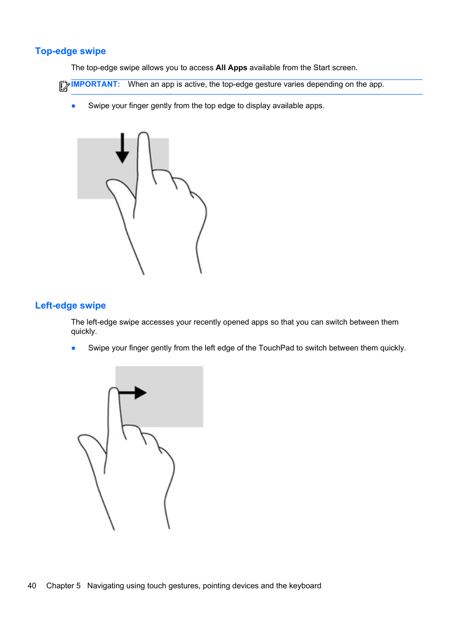 Top-edge swipe, Left-edge swipe, Top-edge swipe left-edge swipe | HP Spectre XT TouchSmart Ultrabook 15-4095ca User Manual | Page 50 / 103