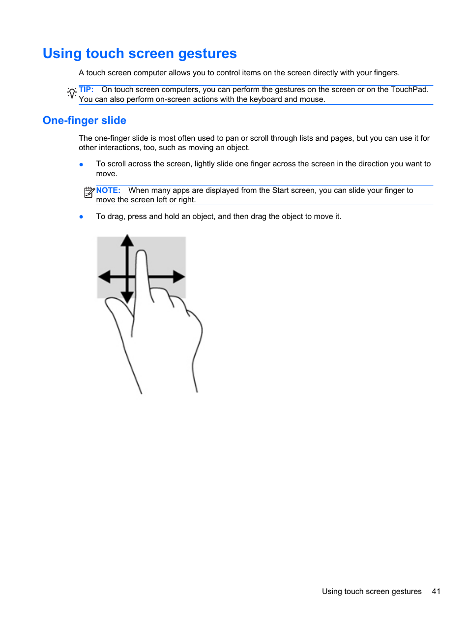 Using touch screen gestures, One-finger slide, Using touch screen | HP Spectre XT TouchSmart Ultrabook 15-4095ca User Manual | Page 51 / 103