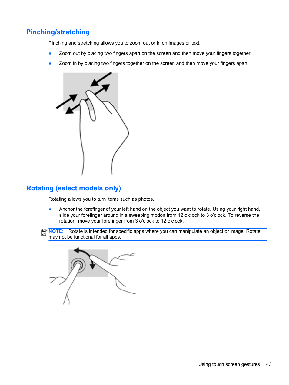 Pinching/stretching, Rotating (select models only), Pinching/stretching rotating (select models only) | HP Spectre XT TouchSmart Ultrabook 15-4095ca User Manual | Page 53 / 103