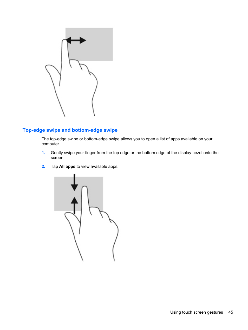 Top-edge swipe and bottom-edge swipe | HP Spectre XT TouchSmart Ultrabook 15-4095ca User Manual | Page 55 / 103