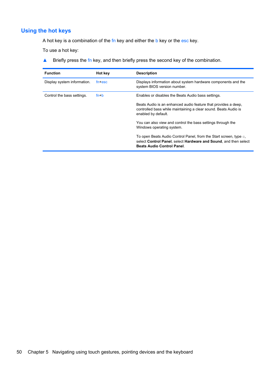 Using the hot keys | HP Spectre XT TouchSmart Ultrabook 15-4095ca User Manual | Page 60 / 103