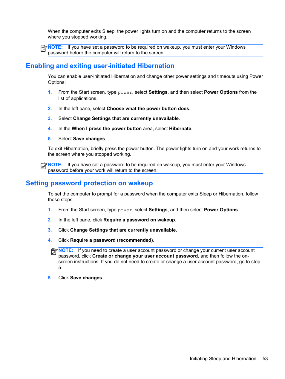 Enabling and exiting user-initiated hibernation, Setting password protection on wakeup, Ion, see | HP Spectre XT TouchSmart Ultrabook 15-4095ca User Manual | Page 63 / 103