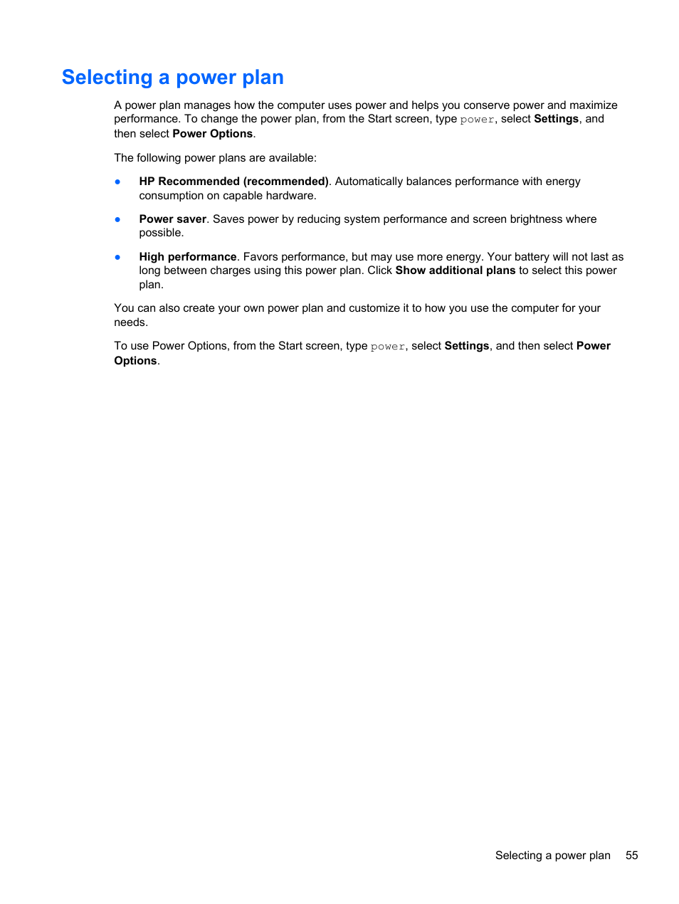 Selecting a power plan | HP Spectre XT TouchSmart Ultrabook 15-4095ca User Manual | Page 65 / 103