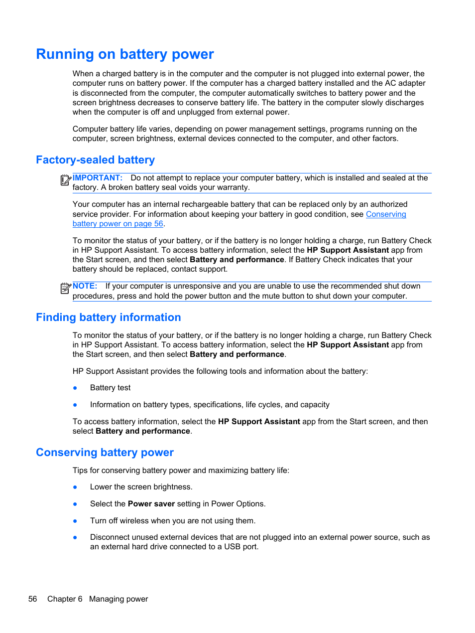 Running on battery power, Factory-sealed battery, Finding battery information | Conserving battery power | HP Spectre XT TouchSmart Ultrabook 15-4095ca User Manual | Page 66 / 103