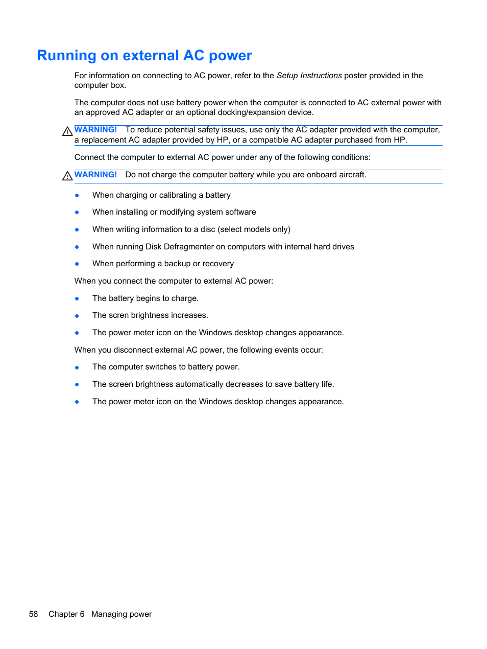 Running on external ac power | HP Spectre XT TouchSmart Ultrabook 15-4095ca User Manual | Page 68 / 103