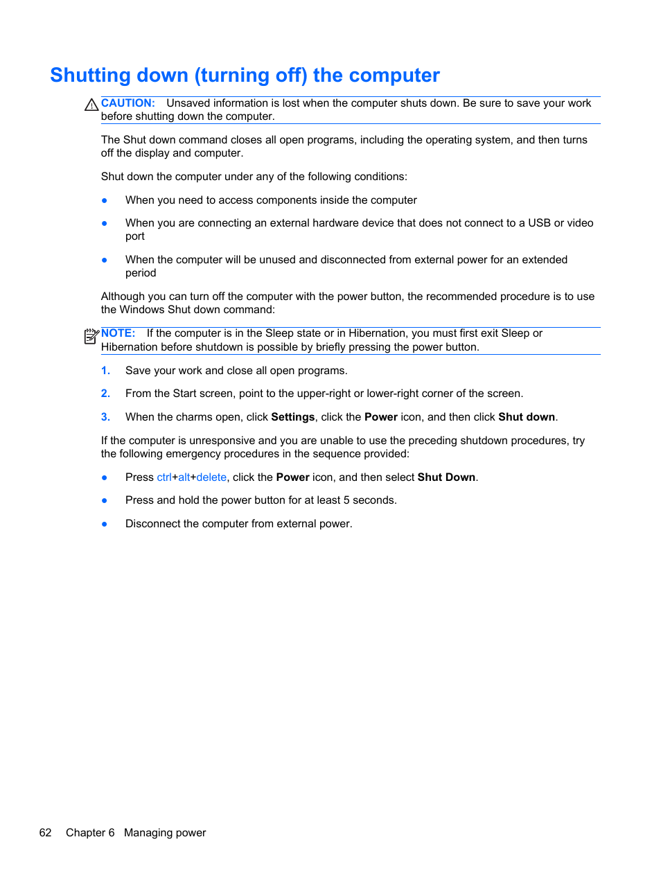 Shutting down (turning off) the computer | HP Spectre XT TouchSmart Ultrabook 15-4095ca User Manual | Page 72 / 103