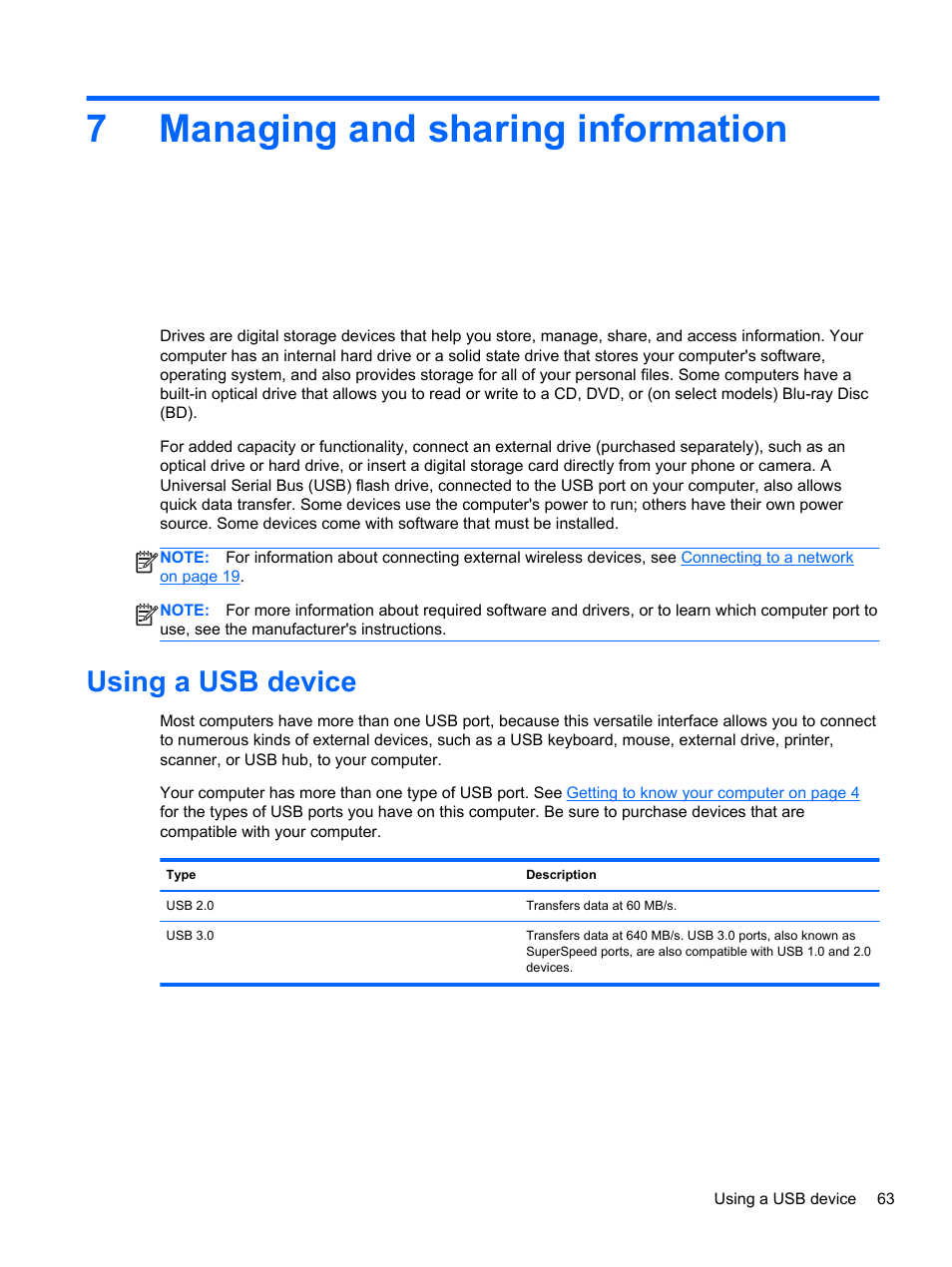 Managing and sharing information, Using a usb device, 7 managing and sharing information | 7managing and sharing information | HP Spectre XT TouchSmart Ultrabook 15-4095ca User Manual | Page 73 / 103