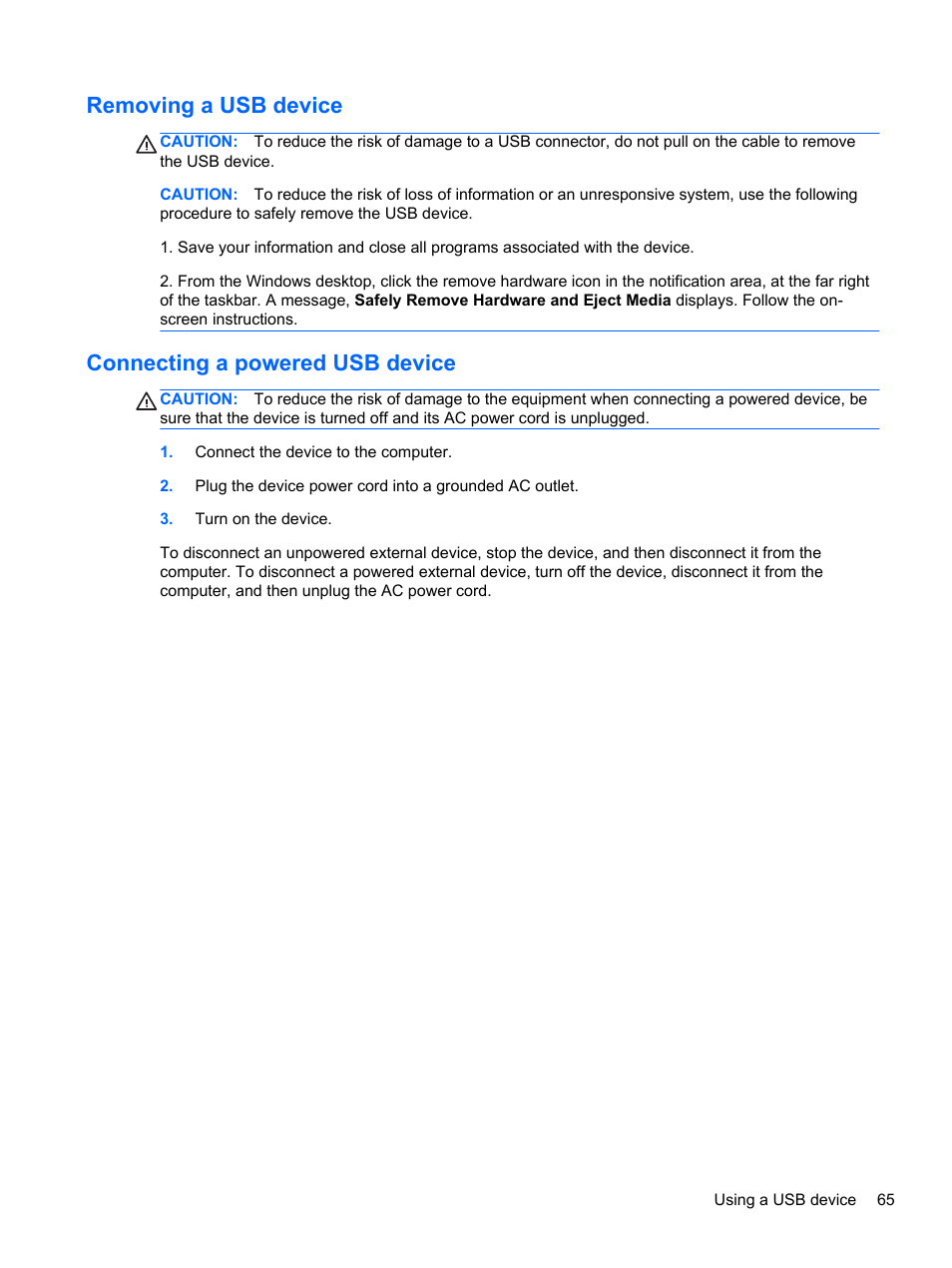 Removing a usb device, Connecting a powered usb device | HP Spectre XT TouchSmart Ultrabook 15-4095ca User Manual | Page 75 / 103