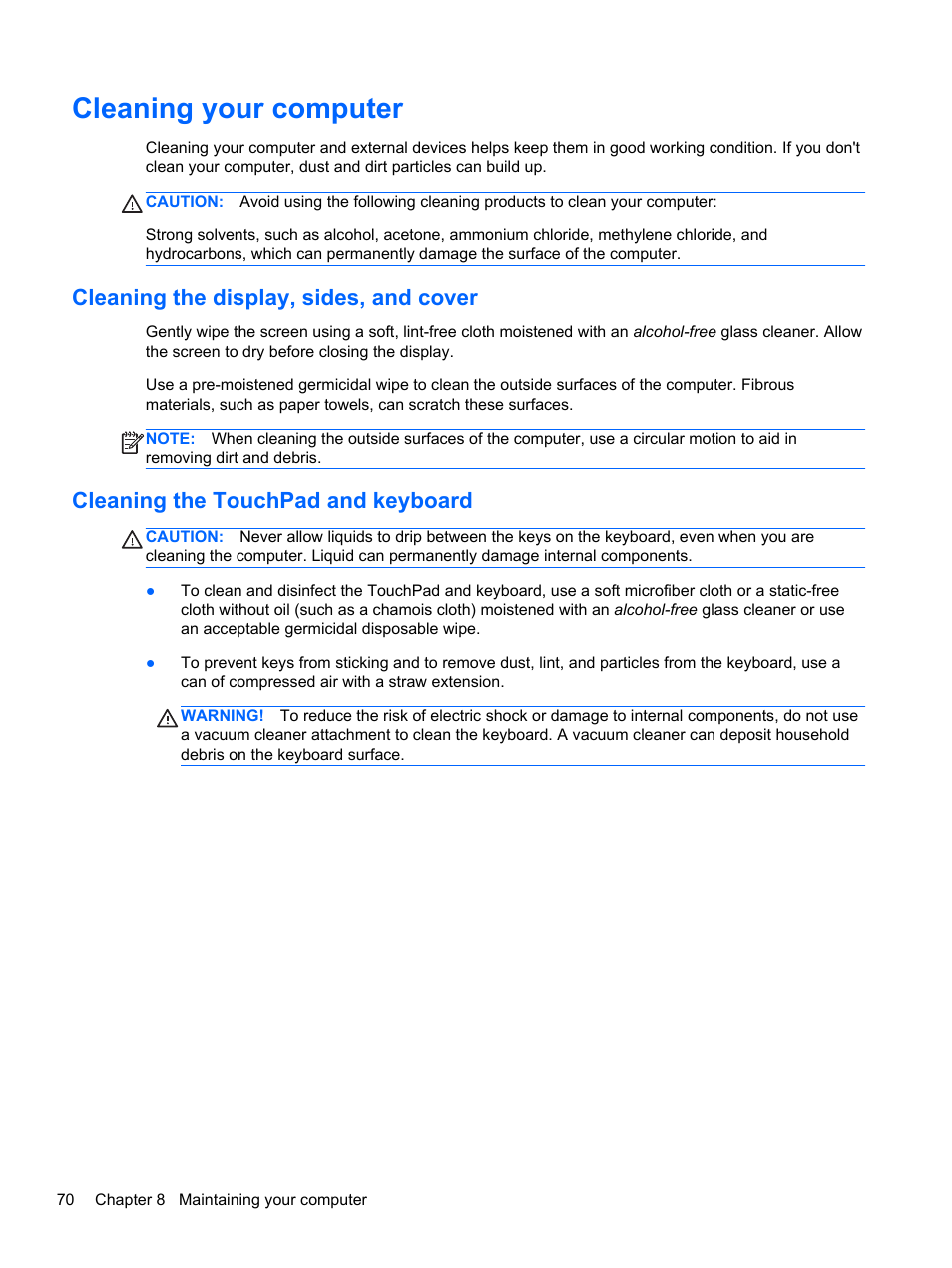 Cleaning your computer, Cleaning the display, sides, and cover, Cleaning the touchpad and keyboard | HP Spectre XT TouchSmart Ultrabook 15-4095ca User Manual | Page 80 / 103