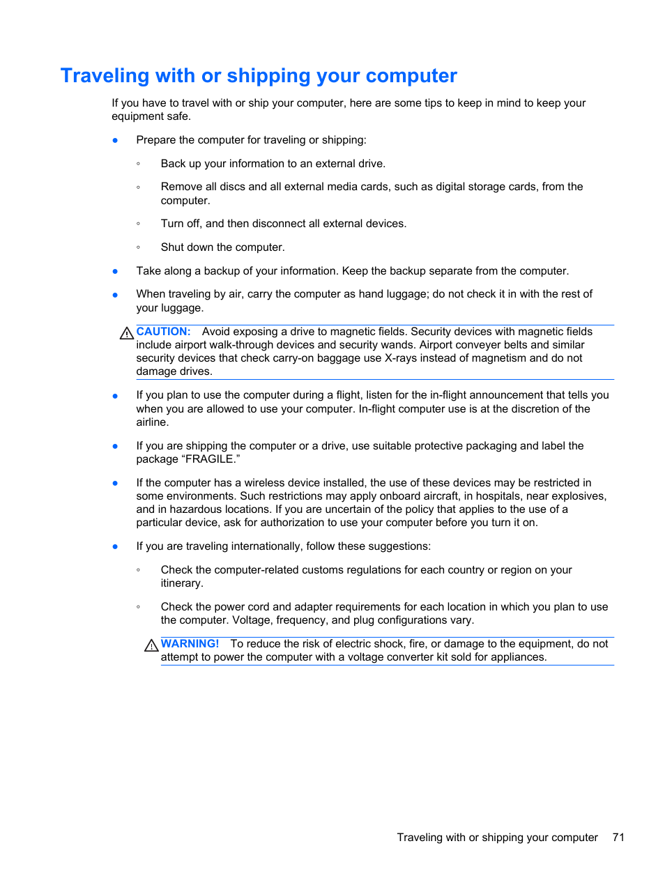 Traveling with or shipping your computer | HP Spectre XT TouchSmart Ultrabook 15-4095ca User Manual | Page 81 / 103