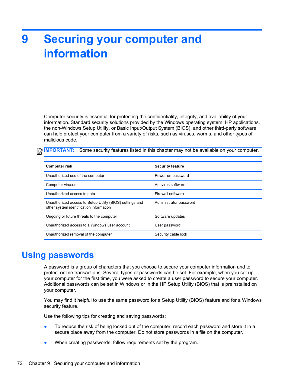 Securing your computer and information, Using passwords, 9 securing your computer and information | 9securing your computer and information | HP Spectre XT TouchSmart Ultrabook 15-4095ca User Manual | Page 82 / 103
