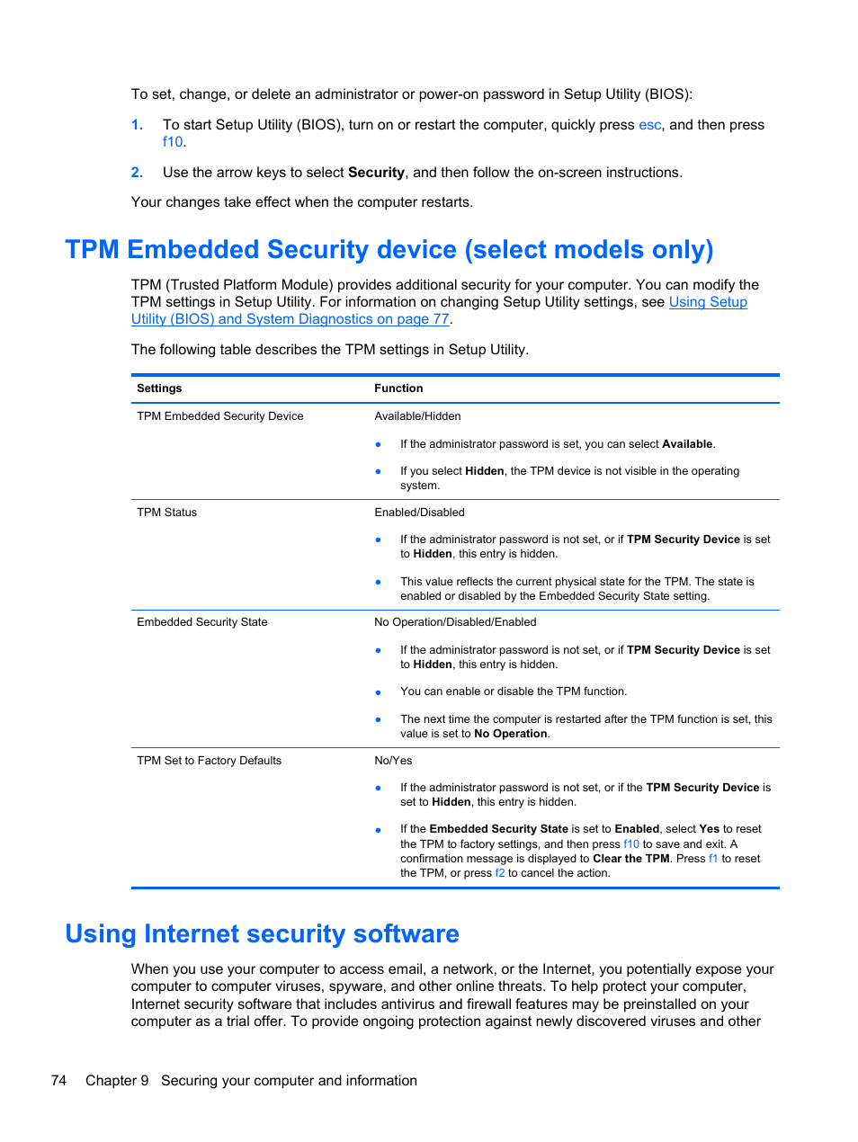 Tpm embedded security device (select models only), Using internet security software | HP Spectre XT TouchSmart Ultrabook 15-4095ca User Manual | Page 84 / 103