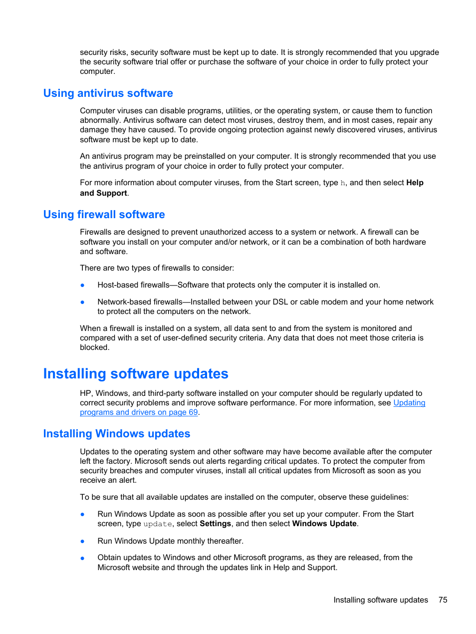 Using antivirus software, Using firewall software, Installing software updates | Installing windows updates, Using antivirus software using firewall software | HP Spectre XT TouchSmart Ultrabook 15-4095ca User Manual | Page 85 / 103