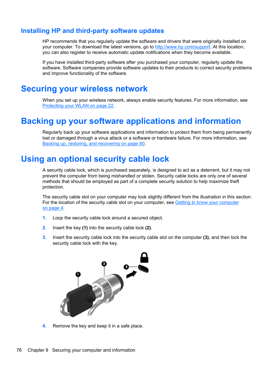 Installing hp and third-party software updates, Securing your wireless network, Using an optional security cable lock | HP Spectre XT TouchSmart Ultrabook 15-4095ca User Manual | Page 86 / 103