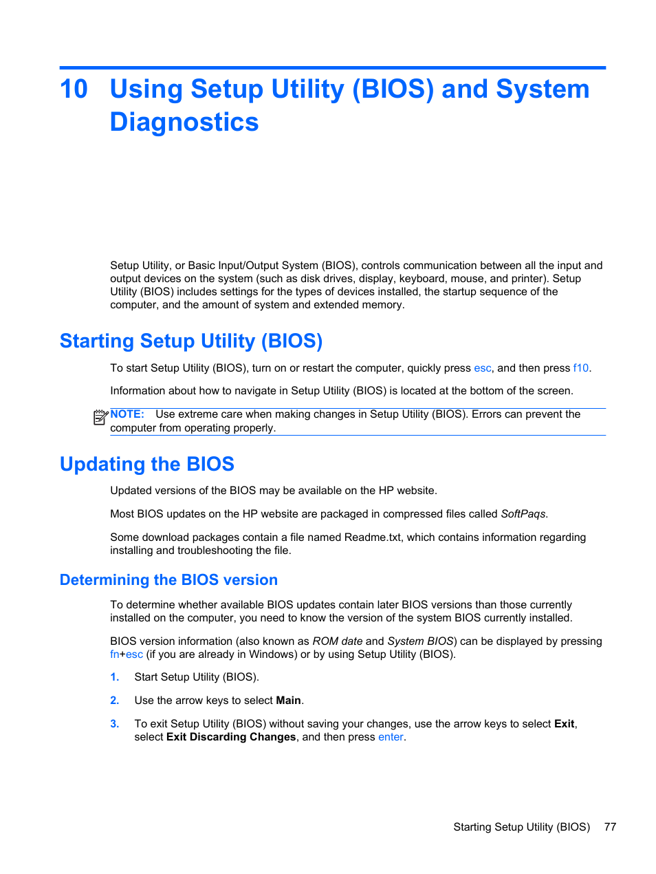 Using setup utility (bios) and system diagnostics, Starting setup utility (bios), Updating the bios | Determining the bios version, Starting setup utility (bios) updating the bios | HP Spectre XT TouchSmart Ultrabook 15-4095ca User Manual | Page 87 / 103