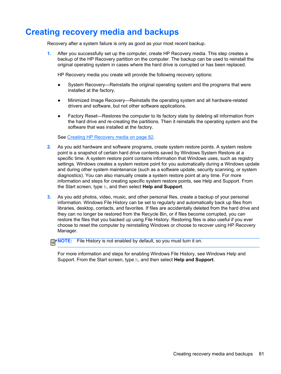 Creating recovery media and backups | HP Spectre XT TouchSmart Ultrabook 15-4095ca User Manual | Page 91 / 103