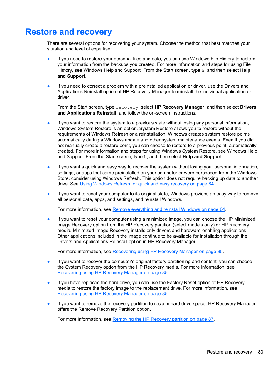 Restore and recovery | HP Spectre XT TouchSmart Ultrabook 15-4095ca User Manual | Page 93 / 103