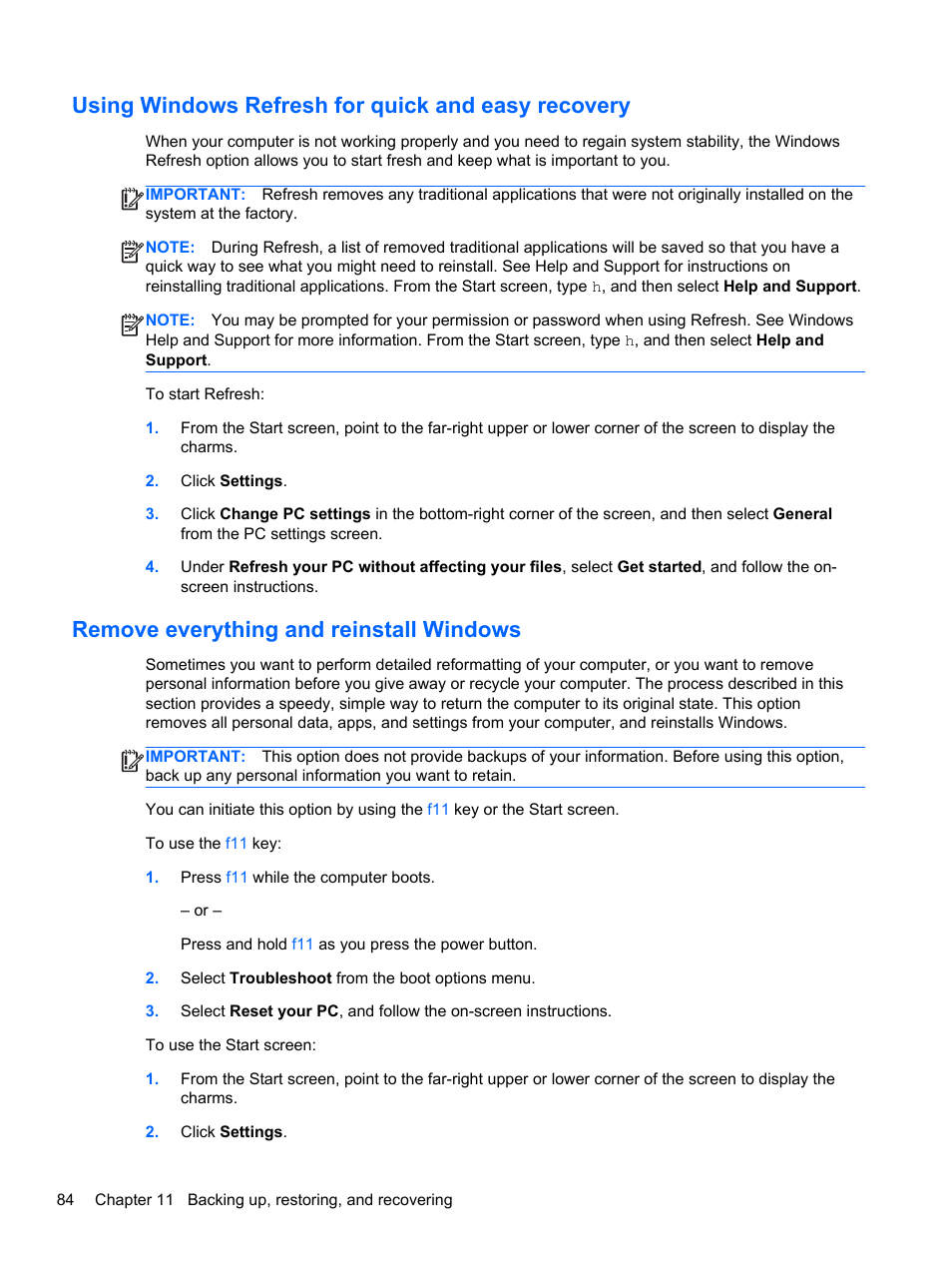 Using windows refresh for quick and easy recovery, Remove everything and reinstall windows | HP Spectre XT TouchSmart Ultrabook 15-4095ca User Manual | Page 94 / 103