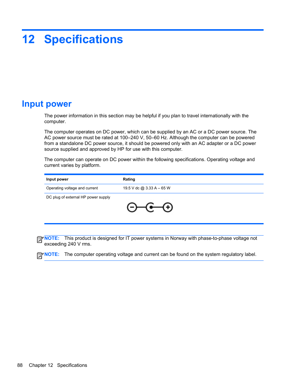 Specifications, Input power, 12 specifications | HP Spectre XT TouchSmart Ultrabook 15-4095ca User Manual | Page 98 / 103