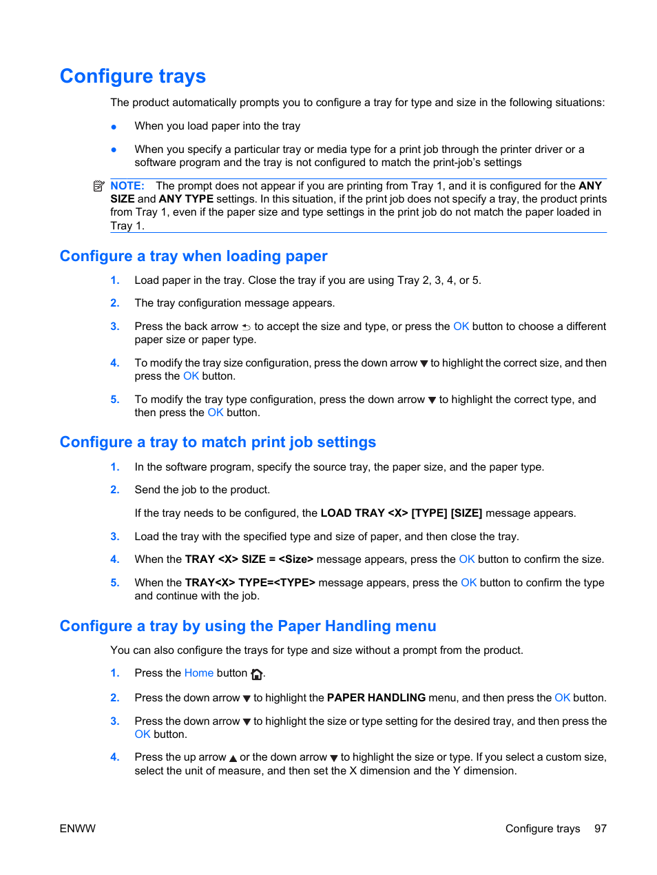 Configure trays, Configure a tray when loading paper, Configure a tray to match print job settings | Configure a tray by using the paper handling menu | HP Color LaserJet Enterprise CP4525 Printer series User Manual | Page 111 / 282