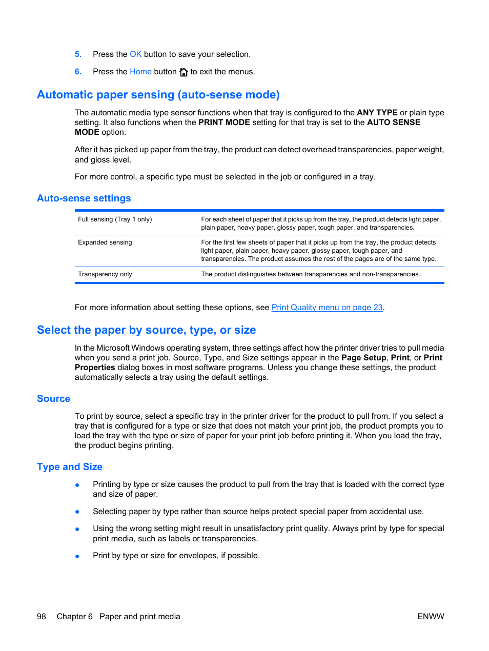 Automatic paper sensing (auto-sense mode), Auto-sense settings, Select the paper by source, type, or size | Source, Type and size, Source type and size | HP Color LaserJet Enterprise CP4525 Printer series User Manual | Page 112 / 282