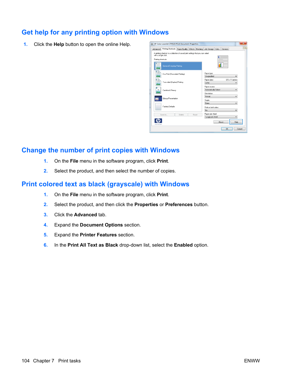 Get help for any printing option with windows, Change the number of print copies with windows | HP Color LaserJet Enterprise CP4525 Printer series User Manual | Page 118 / 282