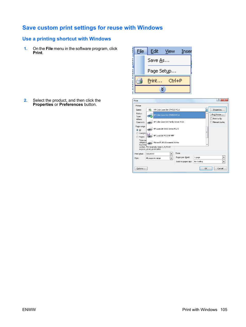 Save custom print settings for reuse with windows, Use a printing shortcut with windows | HP Color LaserJet Enterprise CP4525 Printer series User Manual | Page 119 / 282