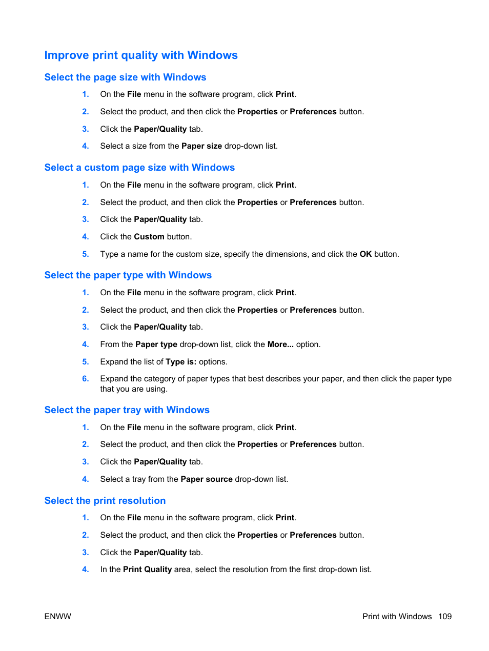 Improve print quality with windows, Select the paper type with windows, Select the paper tray with windows | Select the print resolution | HP Color LaserJet Enterprise CP4525 Printer series User Manual | Page 123 / 282