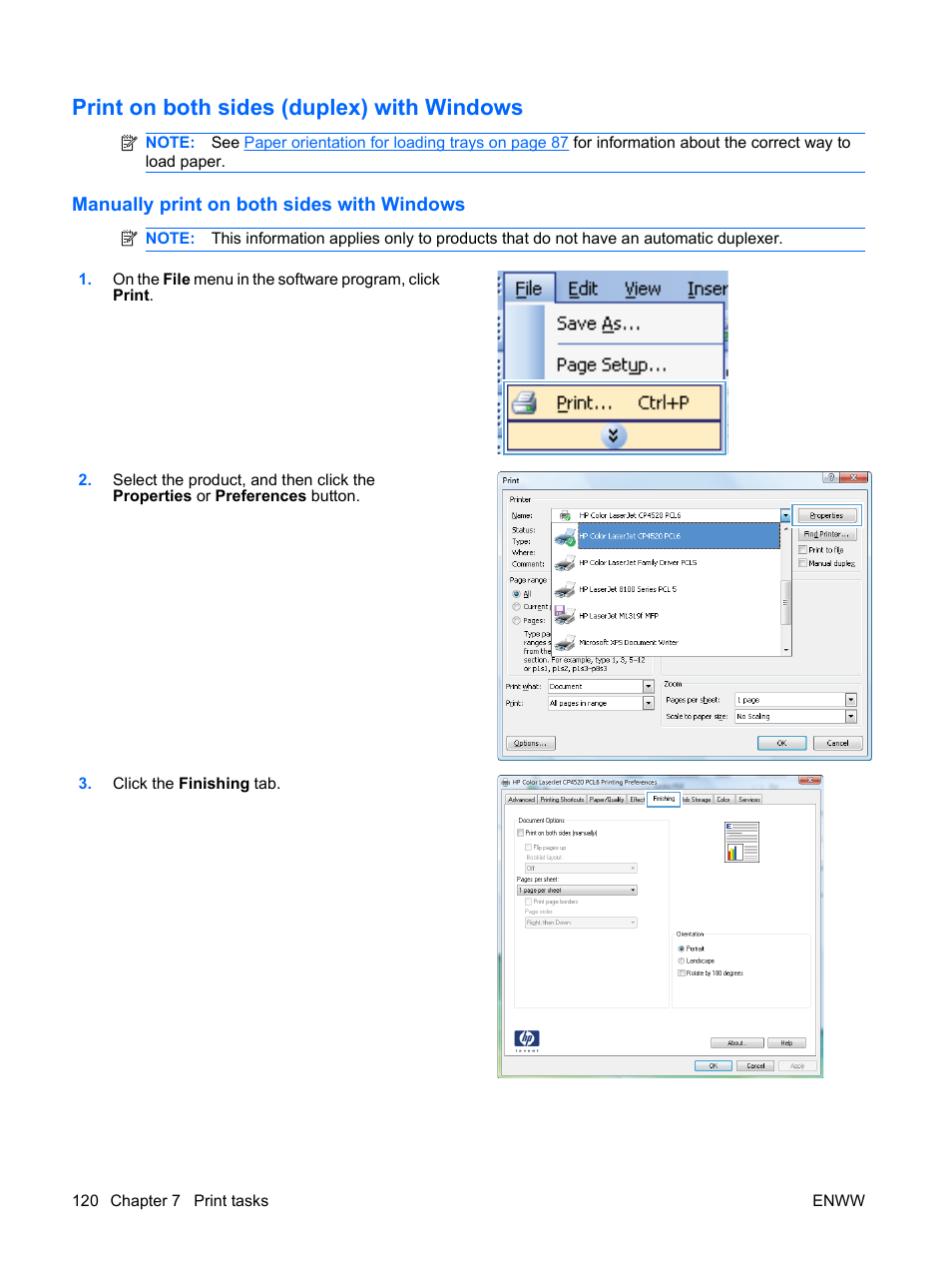 Print on both sides (duplex) with windows, Manually print on both sides with windows | HP Color LaserJet Enterprise CP4525 Printer series User Manual | Page 134 / 282