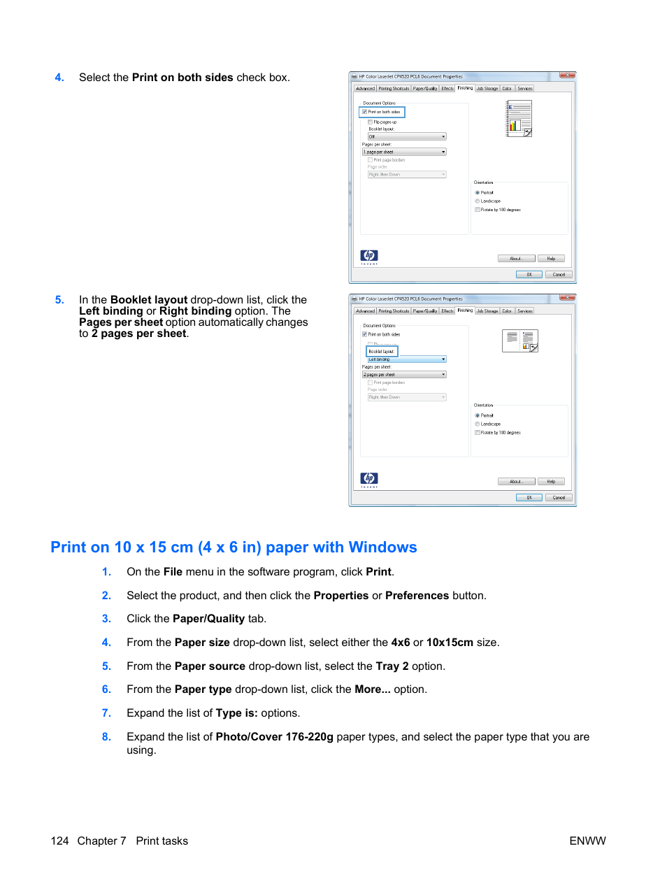 Print on 10 x 15 cm (4 x 6 in) paper with windows | HP Color LaserJet Enterprise CP4525 Printer series User Manual | Page 138 / 282