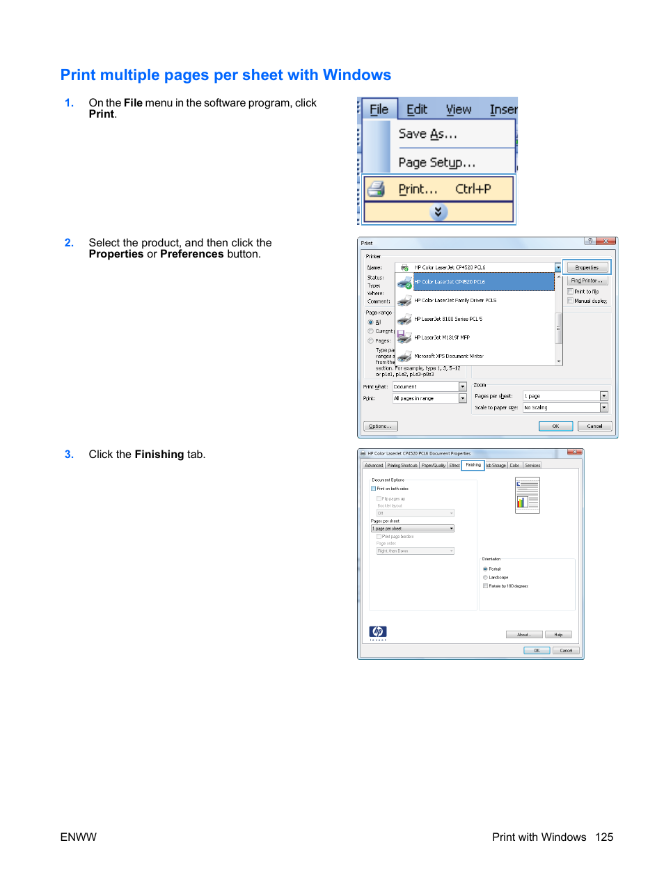 Print multiple pages per sheet with windows | HP Color LaserJet Enterprise CP4525 Printer series User Manual | Page 139 / 282