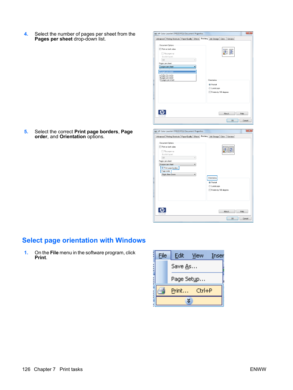 Select page orientation with windows | HP Color LaserJet Enterprise CP4525 Printer series User Manual | Page 140 / 282